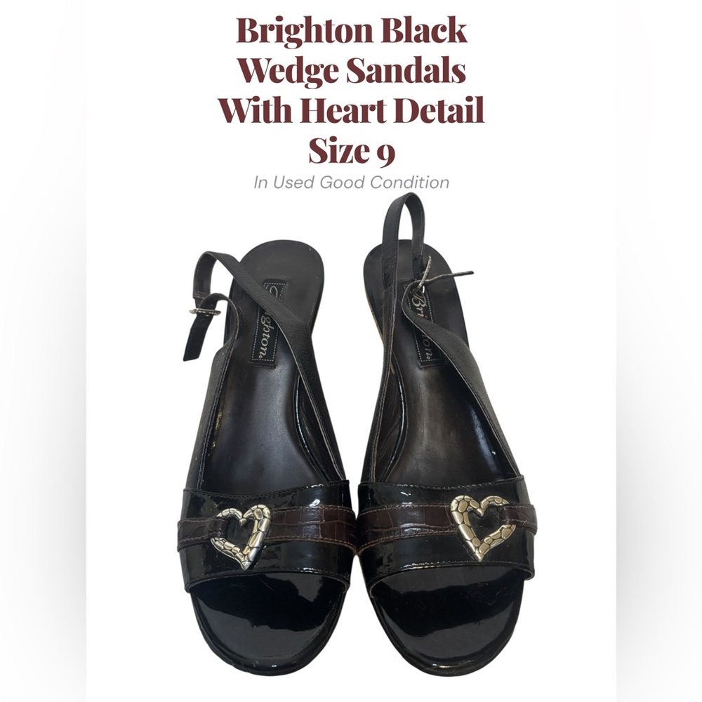 Brighton Black Cork Wedge Sandals Silver Heart Detail Size 9